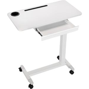 Height Adjustable Overbed Table with Drawer and Wheels, Rolling Standing Laptop Desk, Portable Bedside Tables with Slot, Cup Holder, Mobile Pneumatic Computer Cart, White, 25.6" x 19" x 28"