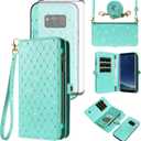 Asuwish Phone Case for Samsung Galaxy S8 Zipper Wallet Detachable Cell Cover with Tempered Glass Screen Protector Crossbody Lanyard Strap Glitter Flip Card Holder Slot S 8 8S Edge SM-G950U Women Teal (Green)
