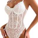 Lilosy Sexy Mesh Sheer Floral Lace Corset Lingerie Bodysuit Bustier Cami Top (X-Large, White)