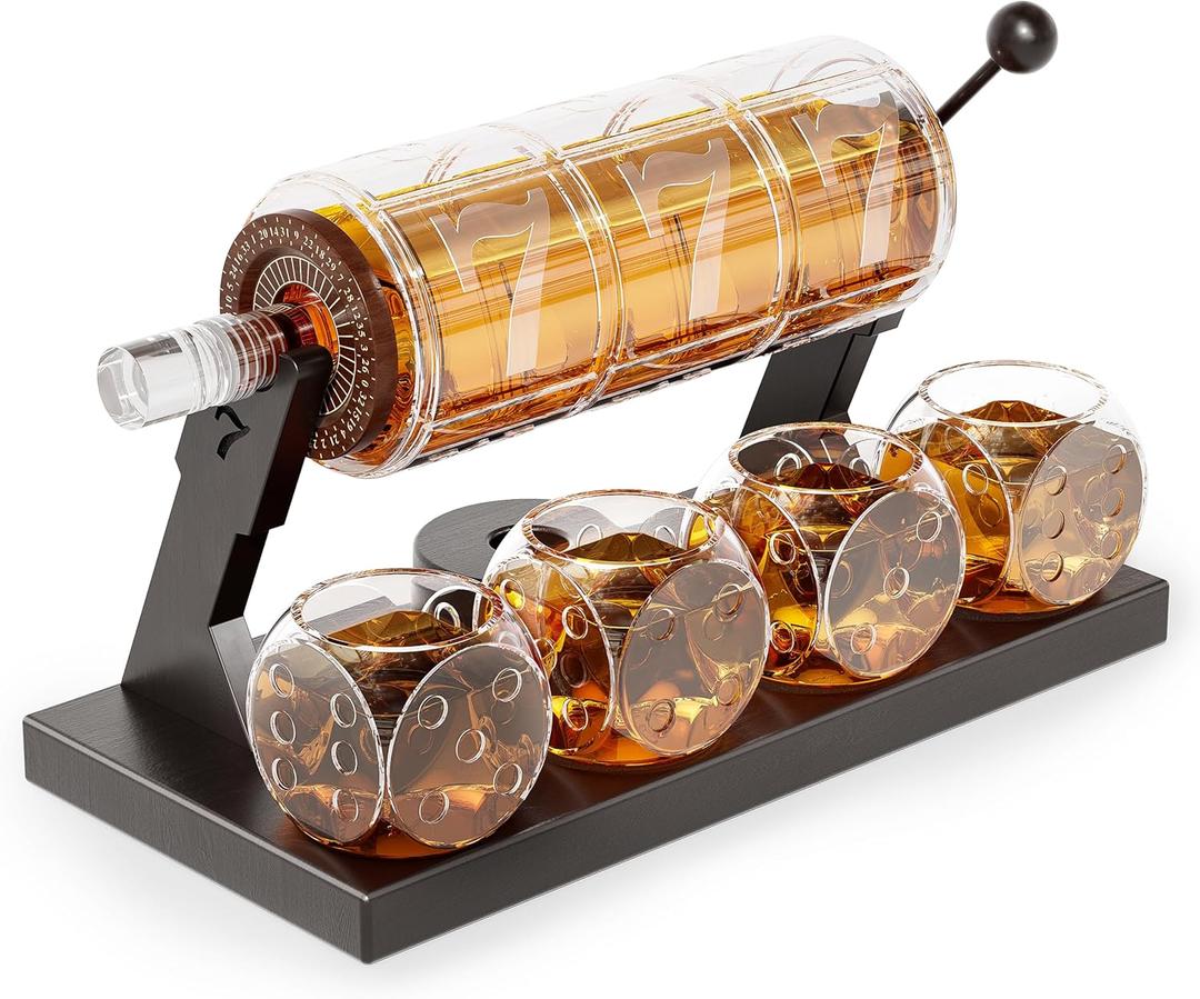 Kollea Slot Whiskey Decanter Set for Men, 50.7 Oz Casino Style Whiskey Decanter with 4 Dice Glasses, Birthday Gifts for Men Dad, Him, Boyfriend, Guy, Liquor Dispenser for Anniversary, Bar Christmas