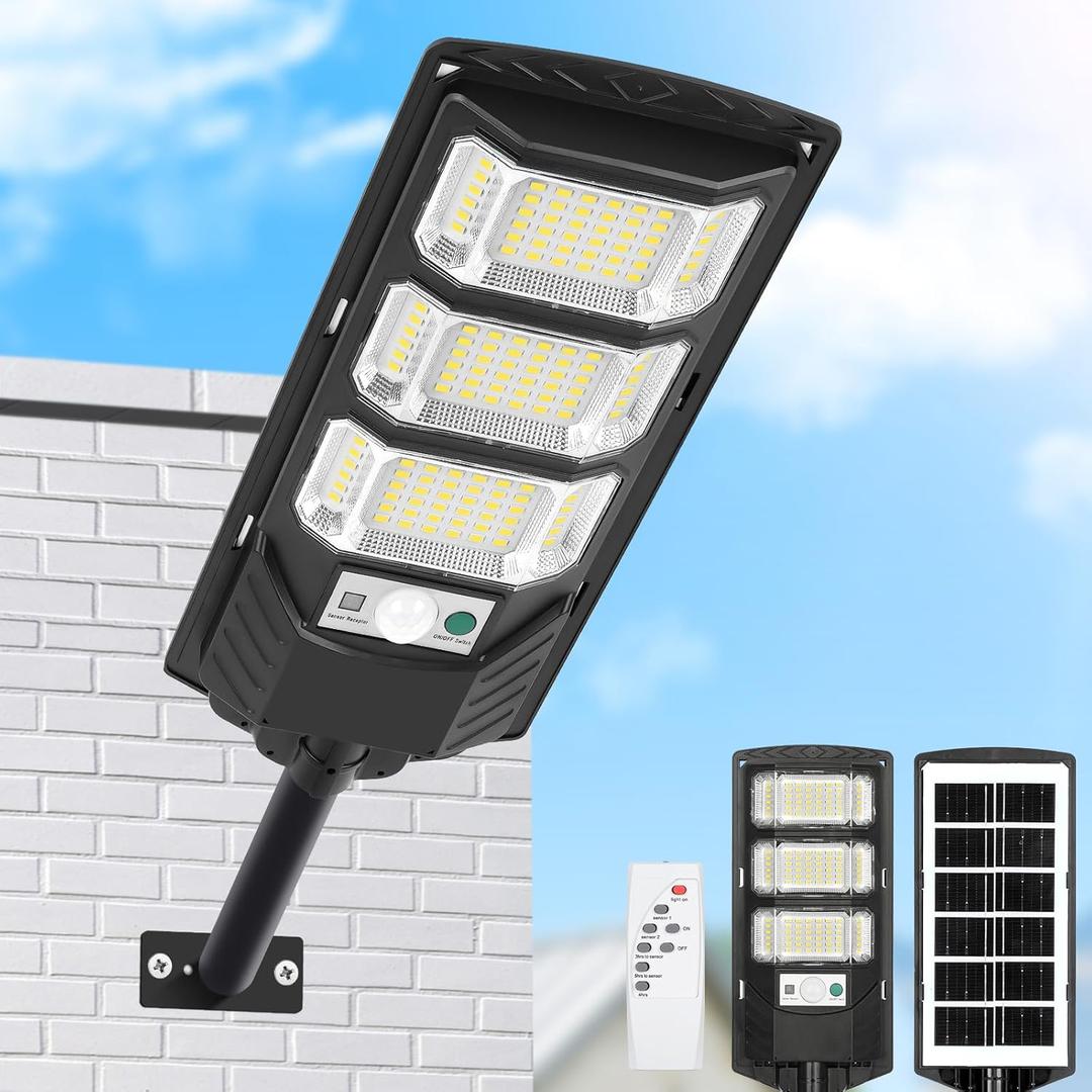 PLMMY Solar Lights Outdoor Waterproof, 6500K Solar Street Light Outdoor Dusk to Dawn, Flood Light with Motion Sensor and Remote Control, LED Security Light for Parking Lot, Yard-1 Pack