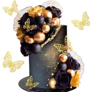 Black Gold Flowers Cake Toppers Butterfly Balls Cake Decorations for Birthday Wedding Baby Shower Boho Theme Party Supplies (Black Gold)