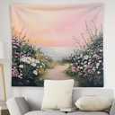 WNAGT Pink Wildflower Coastal Beach Tapestry Wall Hanging, Pastel Spring Floral Ocean Seaside Landscape Wall Blanket Decor for Bedroom Living Room Home Beach House, 50x60 Inch