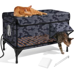 Heated Cat House for Outside,Dual Camera Mounts,100% Weatherproof & Extremely Insulated,Elevated Feral Cat Shelter with Escape Door,Waterproof Eaves for Outdoor Stray Barn Cat(Dark Camo,L) (25.6"L x 16.5"W x 18.5"H)