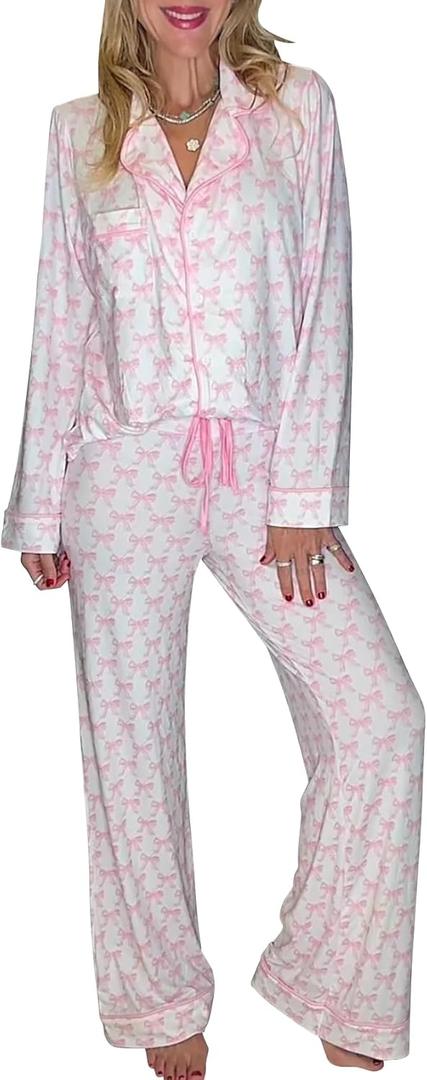 Kissonic Women 2 Piece Pajamas Set Heart Printed Button Down Long Sleeve Pjs Y2k Bow Shirt and Pant Cute Pj Outfits (Large, Pink)