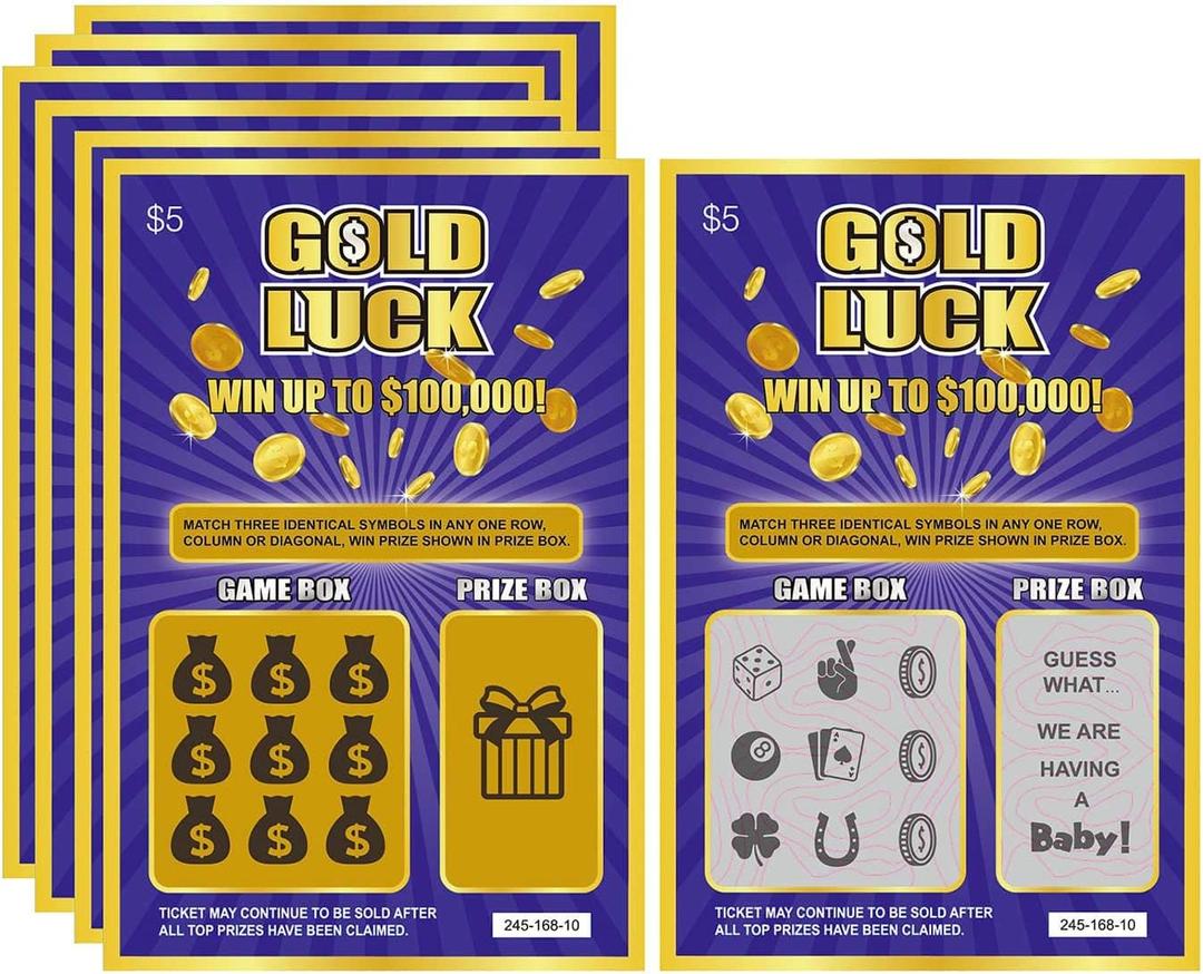 Gold Luck Pregnancy Announcement Fake Lottery Scratch Off Tickets, Great Idea for Pregnancy Reveal, 6 Cards