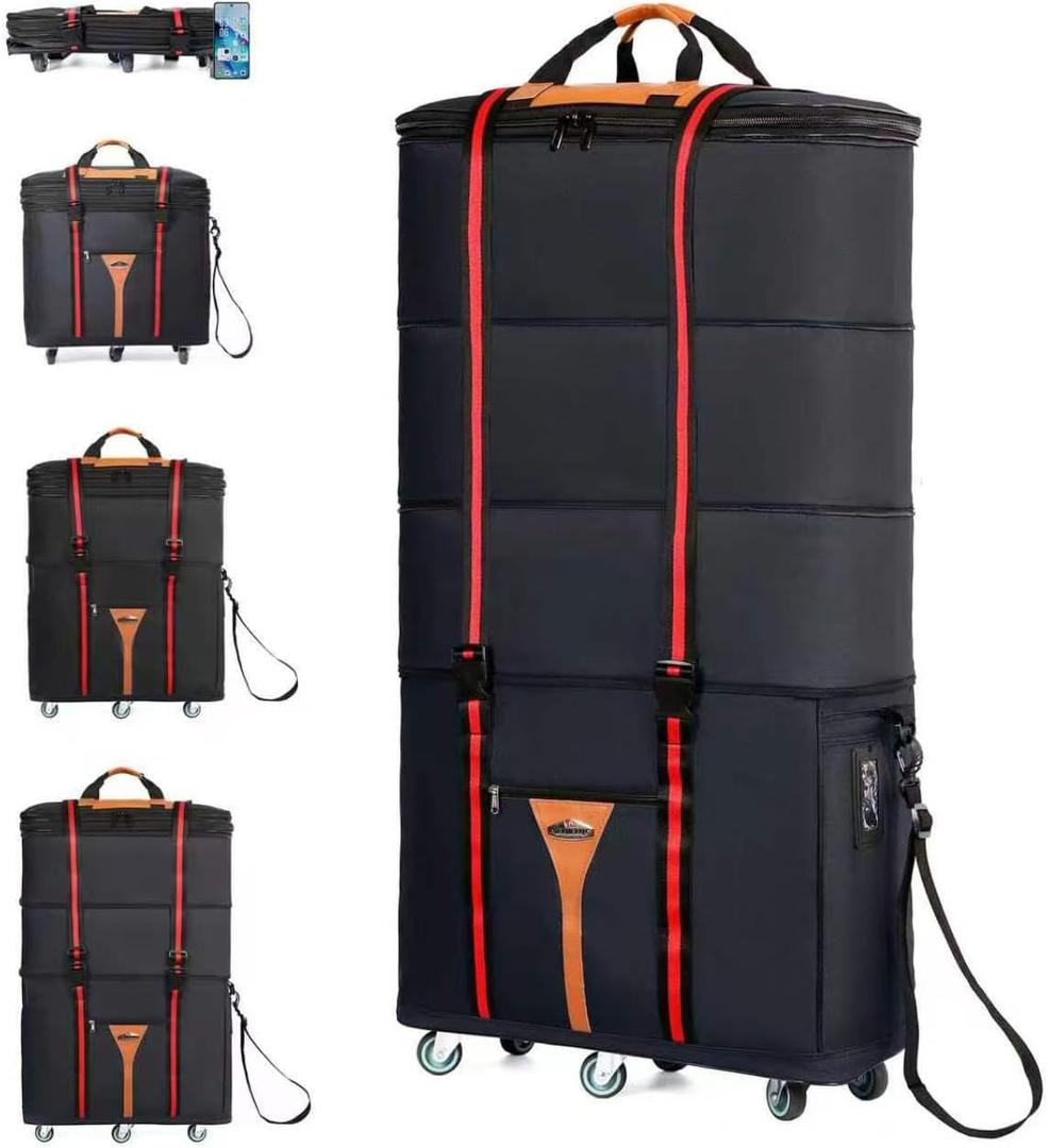Expandable Foldable Travel Bag with Wheels Collapsible Rolling Luggage Bag Large Capacity Suitcase Duffel Bag for Men Women, Black