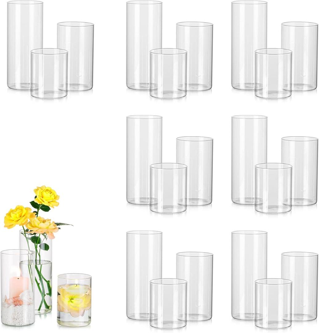 Glass Cylinder Vases Set of 24, Hewory Tall Clear Vase for Centerpieces, Glass Hurricane Candle Holders for Pillar or Floating Candles, Round Vases for Wedding Anniversary Events Table Decor, 2.3in (D2.6"x H3.9" + D2.6"x H5.9" + D2.6"x H7.9")