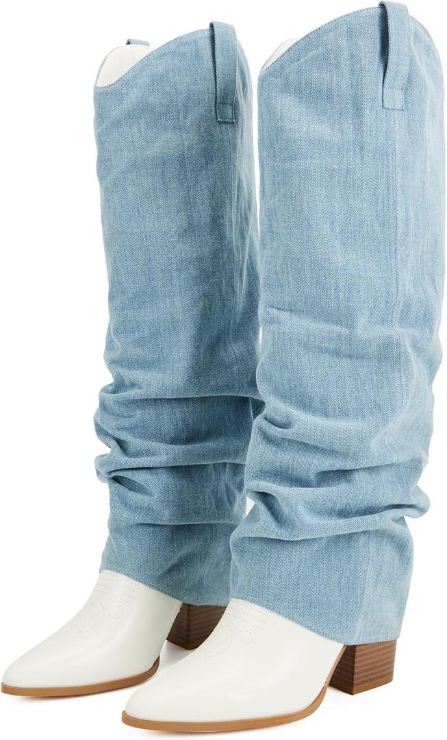 Putu Fold Over Boots for Women Knee High Cowboy Boots Chunky High Heel Tall Boots (5.5, Blue) Putu Fold Over Boots for Women Knee High Cowboy Boots Chunky High Heel Tall Boots (5.5, Blue)
