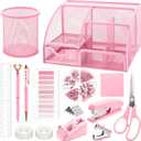 11 Pcs Pink Office Supplies Set Mesh Desk Organizer Accessories Kit Include Stapler Tape Dispenser Staple Remover Clips Ruler Scissors Sticky Notes for Office School Home Women (Pink)