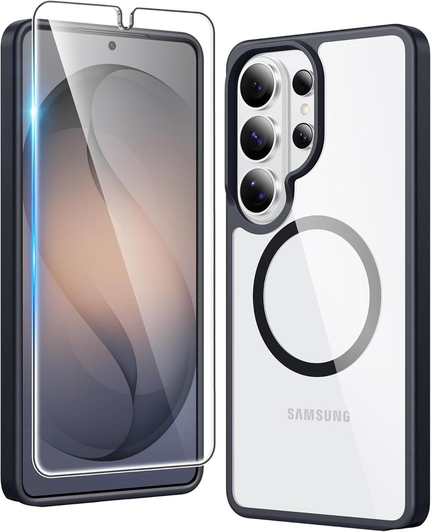 FNTCASE for Samsung Galaxy S26-Ultra Case: Clear Magnetic Phone Cases with Screen Protector Compatible with Magsafe Slim Anti Yellowing Rugged Protective Transparent Cell Phone Cover (Black Magnetic)