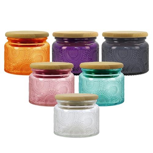LINGSHINE 4 oz Colored Mini Glass Jars with Airtight Bamboo Lids 6 pack, Decorative Small Food Storage Canister, Vintage Embossed Home Décor Candle Parties Wedding Baby Shower Favors Gift