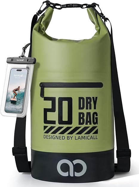 Lamicall Dry Bag Waterproof Backpack - [Zippered Pocket] 20L Roll Top Waterproof Bag with Water Proof Phone Pouch, Floatable Drybag for Swimming, Boating, Kayaking, Camping, Beach (Olive Green)