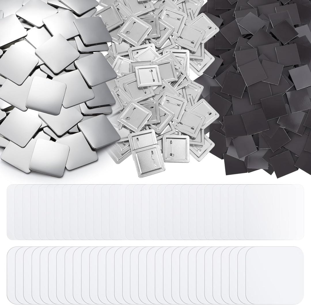 Teenyyou 100 Sets 50mm/ 2 Inch Button Press Supplies Square Button Parts DIY Fridge Magnets Craft Set Including Magnet, Metal Cover, Plastic Back Cover, Pins, Transparent Film, Blank Paper