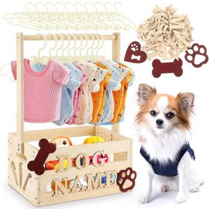 20" x 13" x 9" Wooden Dog Closet Pet Wardrobe Crate Box with Hanging Rods and Personalized Alphabet Letters Easy Assembly Baskets for Dog Cat Toys Clothes Accessories(Wood)