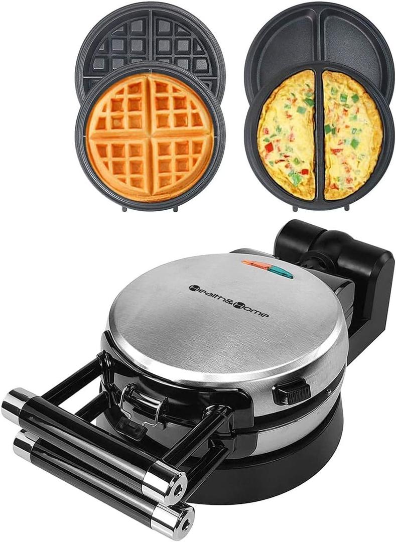 360 Rotating Belgian Multifunction Nonstick Baking Waffle Maker with 2 sets of Interchangeable Belgian Waffle and Omelet Baking plates