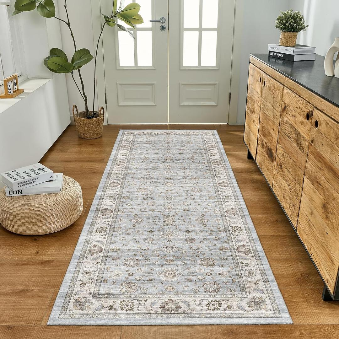 WITSHOCK 2x8 Runner Rugs for Hallway : Machine Washable Non Slip Vintage Carpet - Low Pile Lightweight Print Rug for Kitchen Laundry Room Bedroom Beside Rug - Pet & Kids Friendly (Light Blue)
