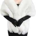Zhanmai Winter Faux Fur Long Shawl Cloak Stretchy Satin Glove Opera Bridal Dance Gloves for Women Wedding Dress Party Coat (White)
