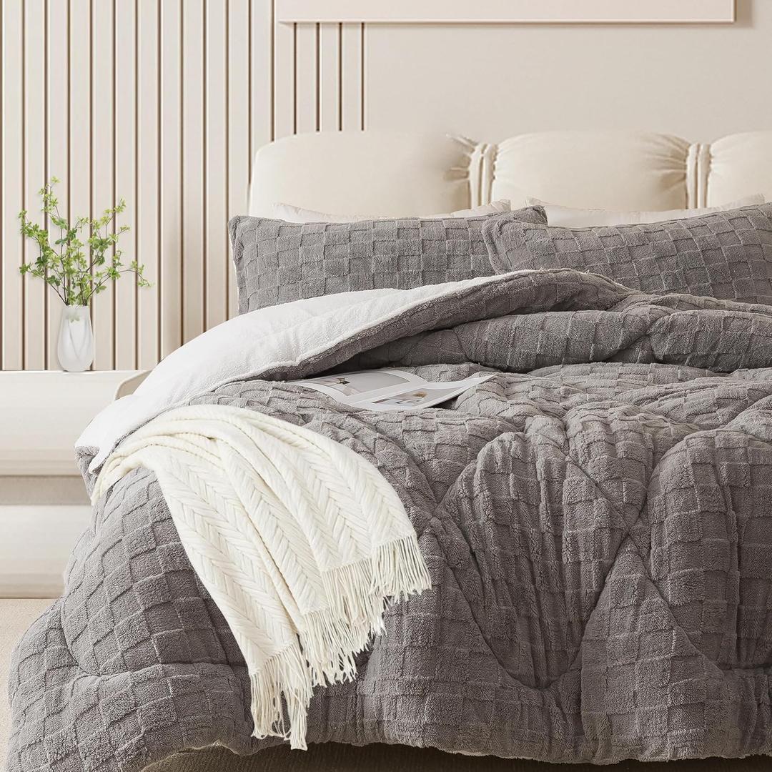 ELNIDO QUEEN® Fluffy Comforter Set Queen, Grey Winter Fleece Comforter Ultra Soft & Extra Pluffy Plush Comforter Set, Cozy Fuzzy Bed Comforter 3 Pieces (1Comforter, 2 Pillowcases), 92x88 inch