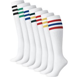 7 Pairs Retro Striped Tube Socks White over the Calf Tube Hoses Men Knee High Striped Athletic Socks for Men, Size 10-13, Multicolor