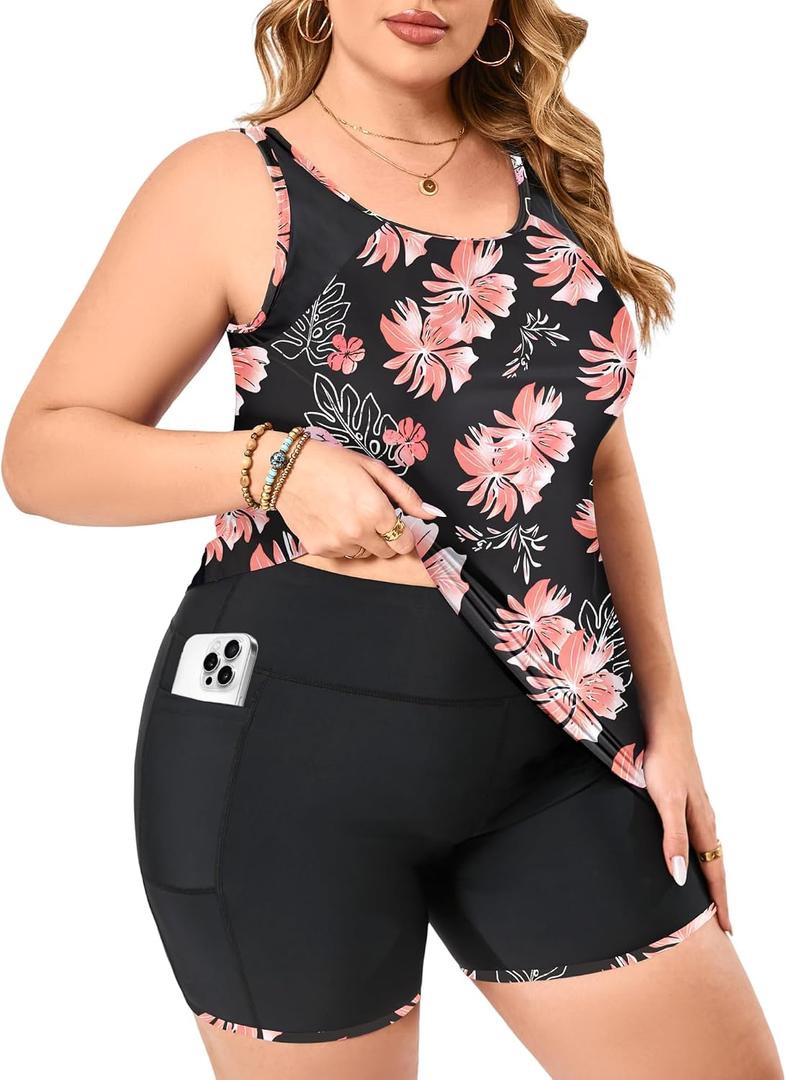 SOTHEA Plus Size Tankini Swimsuit for Curvy Women Bathing Suits Tummy Control Contrast Colors with Pockets Swim Shorts Black Pink Floral 14W