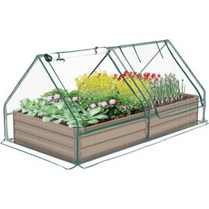Metal Raised Garden Bed with Greenhouse 2 Large Zipper Windows Dual Use,Galvanized Steel Raised Garden Bed for Gardening Vegetables Fruit,20pcs T-Types Tags & 1 Pair of Gloves,6x3x1FT,Brown (6*3*1ft/GreenHouse, Brown-1)