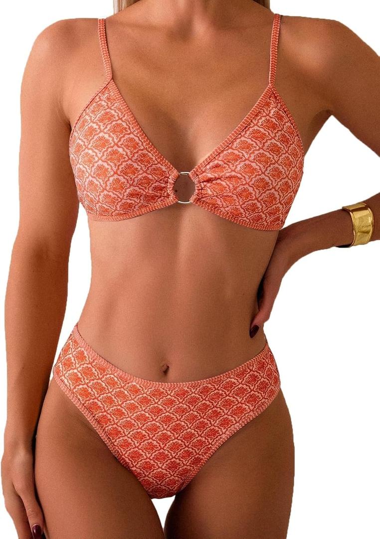 Fanuerg Women's Triangle Bikini Sets O Ring Linked Two Piece Swimsuits Floral Printed Cheeky Bathing Suit (Large)