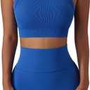 Workout Sets for Women 2 Piece Seamless Ribbed Tank Top Sport Bra High Waist Biker Shorts GYM Yoga Exercise Outfits, S