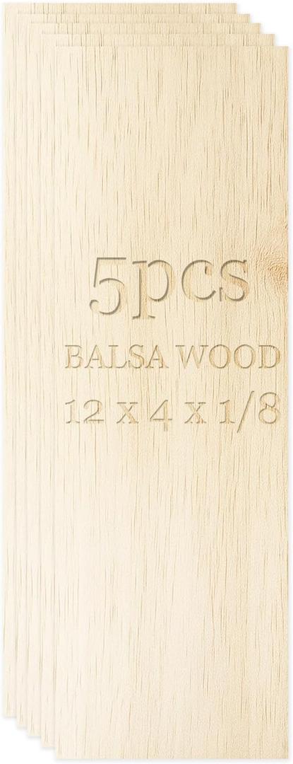 Balsa Wood Sheet 12 x 4 x 1/8 Inches, Wooden Boards for Crafts Unfinished Pack of 5(12 x 4 x 1/8 Inch (Log Color)
