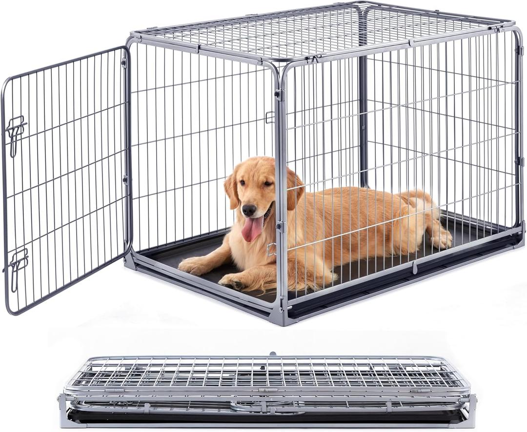 Collapsible Dog Crate for Large Dogs - 42 inch Escape Proof Metal Dog Kennel with Double Door, Easy Assembly Foldable Dog Cage with Removable Tray, Indoor Outdoor Use, Silver Gray