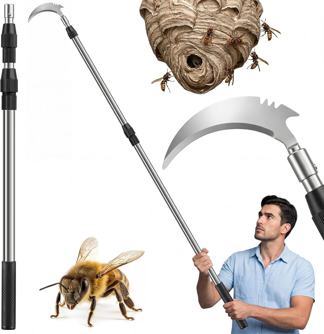 Gisafai Wasp Nest Removal Tool with Telescopic Stainless Steel Pole, Heavy Duty Iron Scraper, 118 Inch Extension for Bee Nest Cleaning, Outdoor Control Accessories