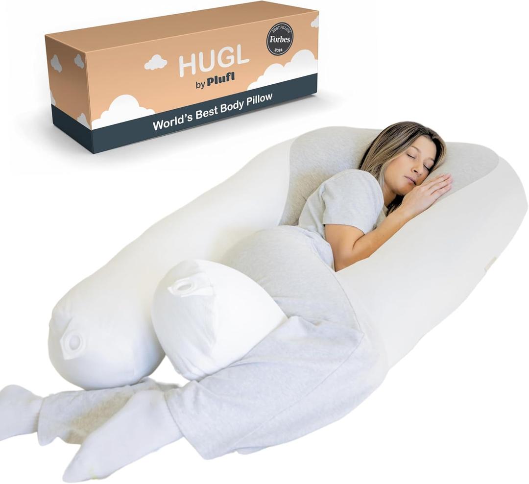 Plufl Hugl Cooling Body Pillow for Adults Made with CloudSupport Fill | U Shaped Maternity Pillows Great for Side Sleepers & Pregnant Women | Washable Cover | White (Standard)