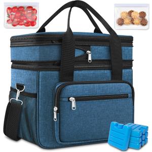 23L Extra Large Expandable Insulated Cooler Lunch Box for Men Double Deck Leakproof Heavy Duty Lunch Bag with 4 Ice Packs&2 Snack Bags for Adult/Construction/Women/Work/Picnic/Camping - Blue