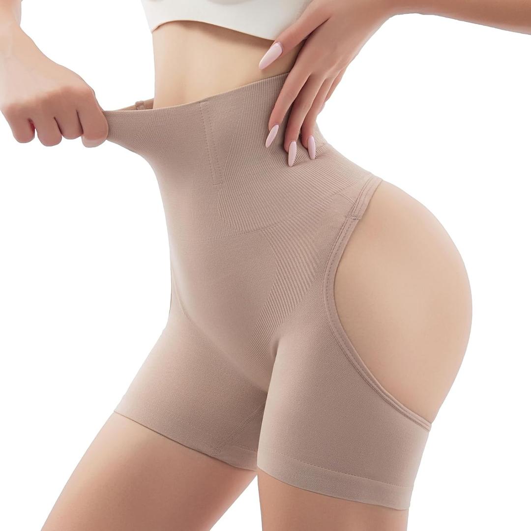 Women Butt Lifter Shapewear - High Waist Tummy Control Shorts with Back Round Cut Out, Non-Seamless Waist Trainer, Khaki (XXXL)