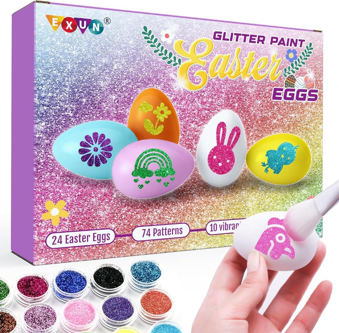 Exun Easter Egg Painting Kit, Arts and Crafts Set with Glitter and Stickers, 24 Eggs, Kids Ages 6-12