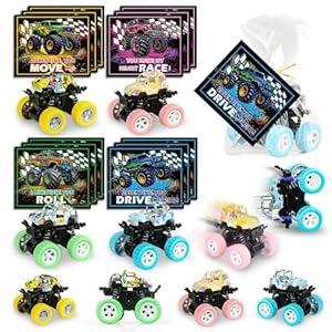 24 Pack Valentines Cards for Kids with Monster Truck Toys, Valentine's Greeting Cards for School Classroom Valentine's Gifts Exchange, Inertia Stunt Car Valentines Party Favors Prizes for Kids Boys