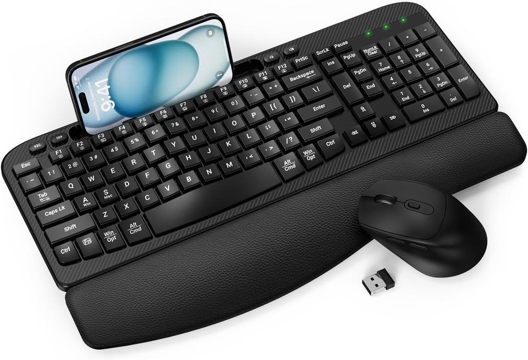Wireless Keyboard and Mouse Combo, Wave Keys Full-Sized Ergonomic Keyboard with Cushioned Plam Rest, Phone Holder, Comfortable Natural Typing, 2.4G Cordless Set for Computer, Laptop, PC, Mac, Windows (Black)