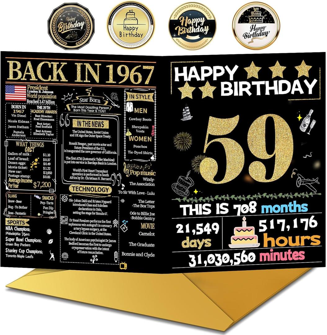 Joycard 59th Birthday Card with Envelope, 59th Birthday Decorations for Women Men, 59th Birthday Gifts, Perfect for Mother Dad, Happy Birthday Cards for 59 Year Old Wife Husband, Back in 1967