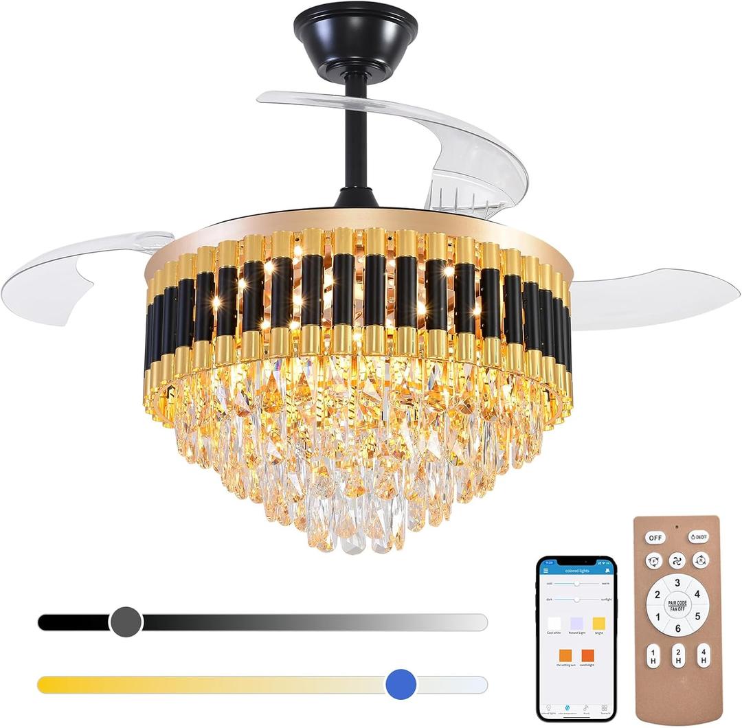 42'' Crystal Ceiling Fan Fandelier with Lights-Low Profile Flush Mount Ceiling Light with Fan, Reversible and Remote Control Black Ceiling Fan Light for Bedroom, Living Room
