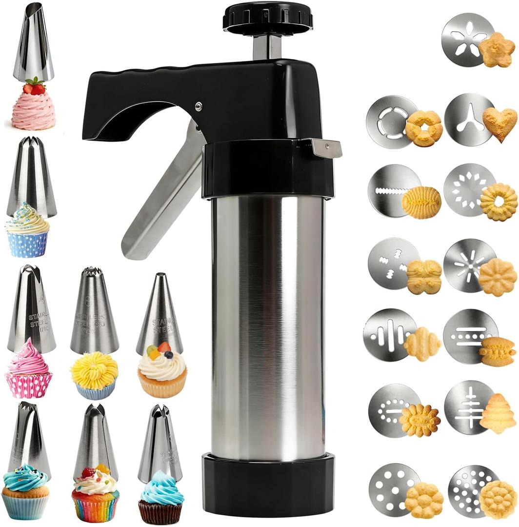 Stainless Steel Cookies Press, Cookie Press Kit with 13 Cookie Discs and 8 Piping Tips for DIY Various Cookies Maker