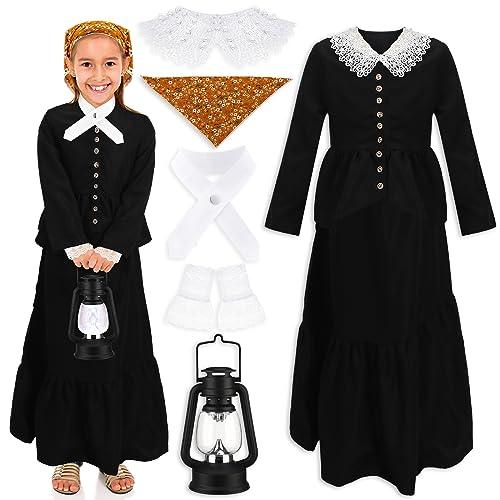 Panitay 6 Pc 1800s Colonial Costumes with Lace Cuffs Lace Collar LED Lantern for 100th Day of School Cosplay Party Girls Kids(Medium)