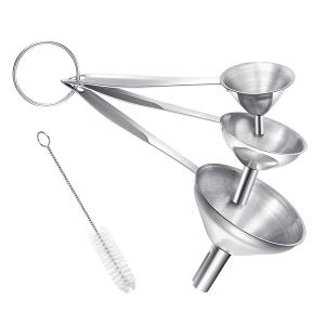 Small Funnels for Filling Bottles, 3 Pcs Stainless Steel Kitchen Funnel Set, Food Grade Mini Metal Funnel for Transferring Oil Liquid, Easy Cleaning with a Brush (Long Handle)