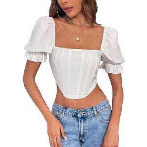 Women's Crop Tops Cute Ruffle Short Sleeve Shirt Off Shoulder Zip Up Top Summer Blouses (White) XS
