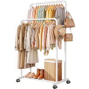 Delamu Double Rods Clothing Rack for Hanging Clothes, Portable Wardrobe Closet Rack, Metal Garment Rack with Rolling Wheels, White