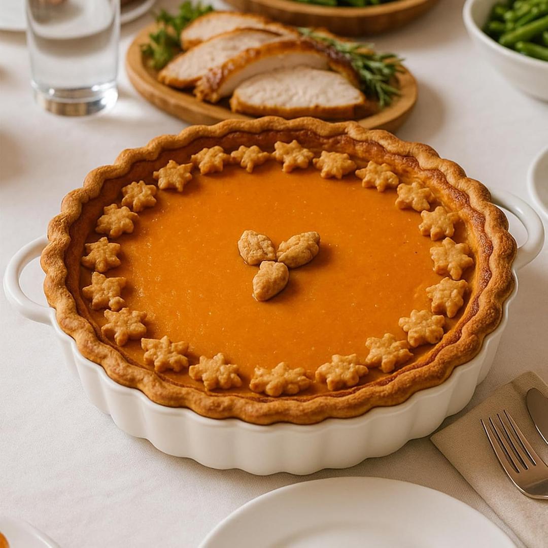 102in Deep Ceramic Pie Pan with Handles for Pie Quiche Tart Baking. Easy to grip, Lead-Free. Casserole Lasagna Dish for Thanksgiving Christmas Wedding Gift. Microwave, Dishwasher, Oven Safe (White)