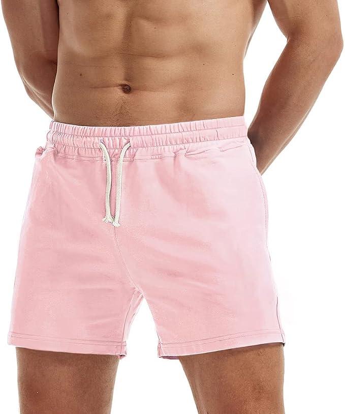 AIMPACT Mens Workout Sweat Shorts 5 Inch Cotton Casual Fitness Running Shorts with Pockets 2 Piece Grey And Pink XL