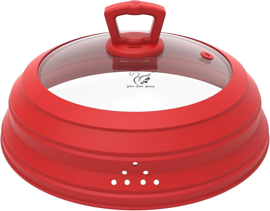 Microwave Splatter Cover Vented Glass Splatter Guard Lid with Collapsible Silicone for Food as Pot Cover 11.8 inch Large Plate for 6 7 8 9 10 11 inch Plate Bowl (Red)