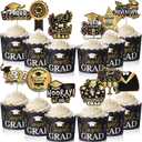 FoldTier 96 Pcs 2026 Graduation Cupcake Liners and Cupcake Toppers Graduation Baking Cups with Picks Grad Black Gold Class of 2026 Party Supplies Mini Cake Decorations