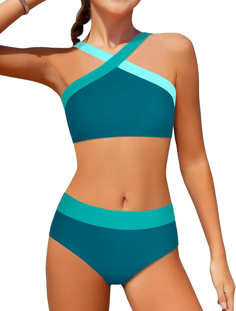 Girls Swimsuits 2 Piece Bikinis Set Colorblock Bathing Suits Criss Cross Strap Girls' Swimwear (13-14 Years)