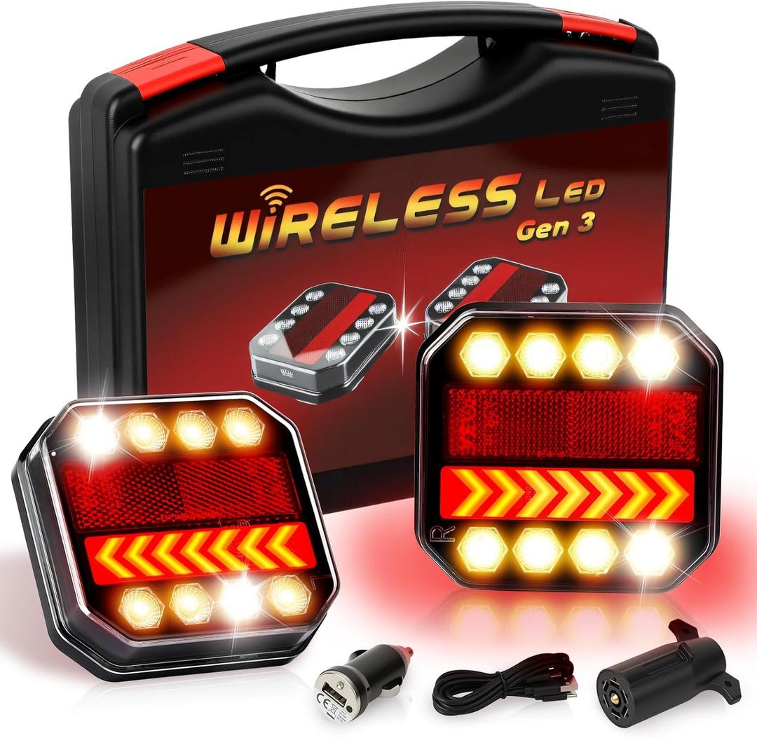Magnetic Wireless Trailer Lights, 2.4GHz Rechargeable LED Tow Lights Kit with IP67 Waterproof, All-in-One Brake Turn Signal Tail Lights for Truck Trailer RV Boat Camper